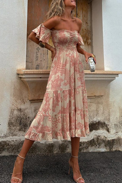 Abito Midi con Spalle Scoperte e Stampa Romantica – Pitaya