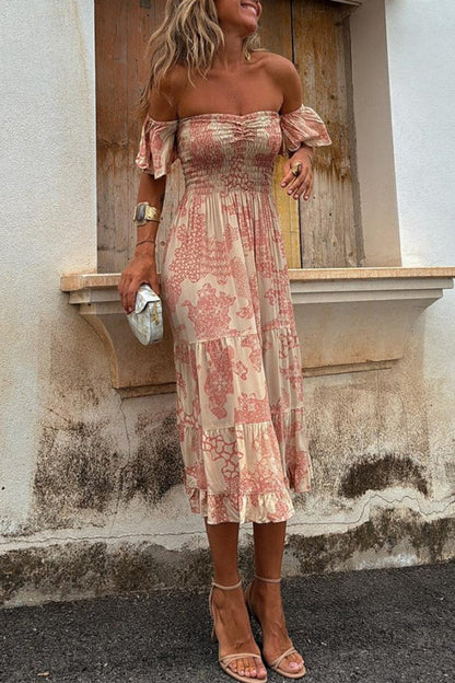 Abito Midi con Spalle Scoperte e Stampa Romantica – Pitaya